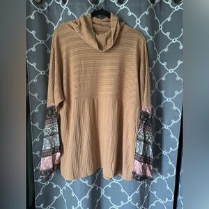 Elegant Tan Cowl Neck Sweater with Patterned Sleeves